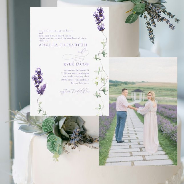 Invitación Boda de fotografía de la pareja floral de Lavender (Subido por el creador)