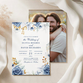 Invitación Boda de fotografía de la pareja floral moderna azu