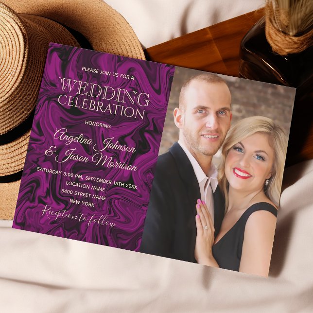 Invitación Boda de fotografía de lujo morado y oro (Subido por el creador)
