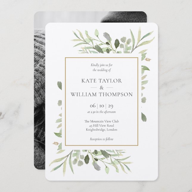 Invitación Boda de fotografía de lujo romántico verde (Anverso / Reverso)