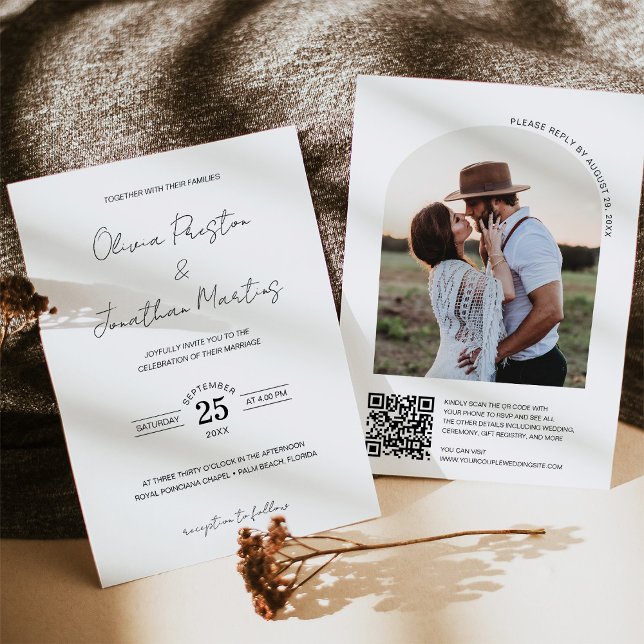 Invitación Boda de fotografía de marco de arco de código QR s (Minimalist Simple QR Code Arch Frame Photo Wedding Invitation)