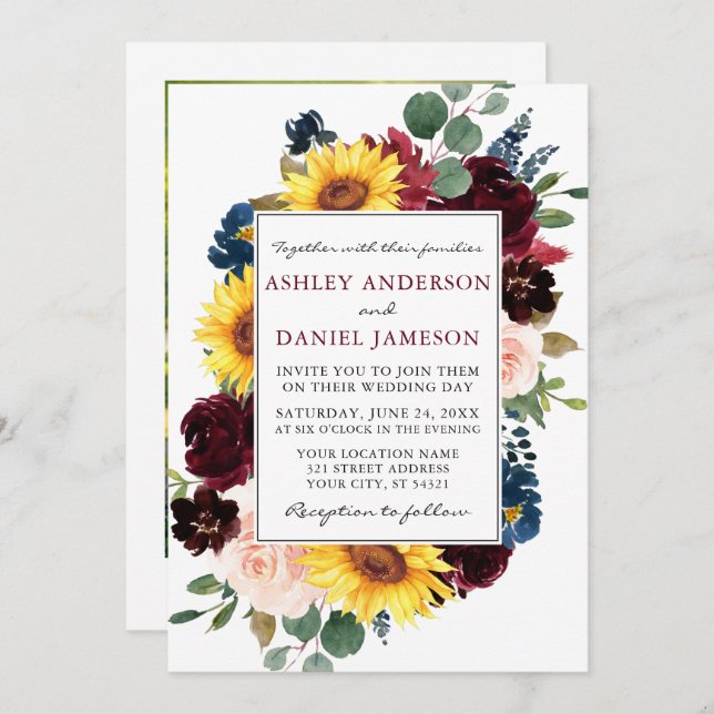 Invitación Boda de fotografía de marco floral mixto acuarela (Anverso / Reverso)