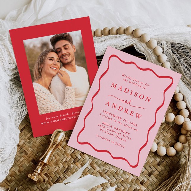 Invitación Boda de fotografía de marco rosado y ondulado rojo (Subido por el creador)