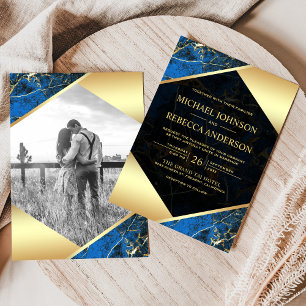 Invitación Boda de fotografía de mármol azul geométrico real 