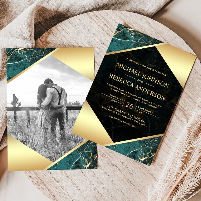 Invitación Boda de fotografía de mármol azul geométrico Verde (Subido por el creador)
