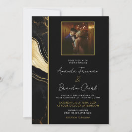 Invitación Boda de fotografía de mármol negro y oro de lujo