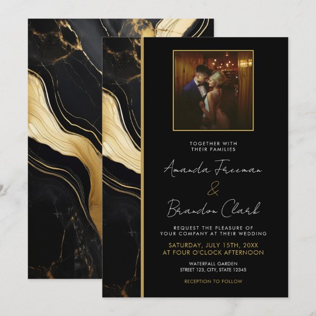 Invitación Boda de fotografía de mármol negro y oro de lujo (Anverso / Reverso)
