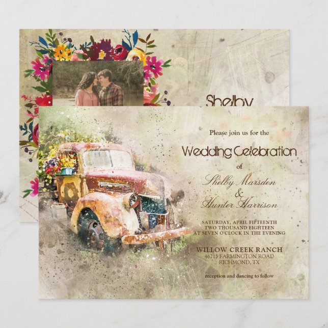 Invitación Boda de fotografía de moda de viejo camión ruso de (Anverso / Reverso)