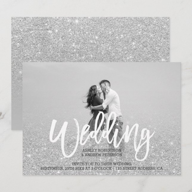 Invitación Boda de fotografía de moda gris purpurina de plata