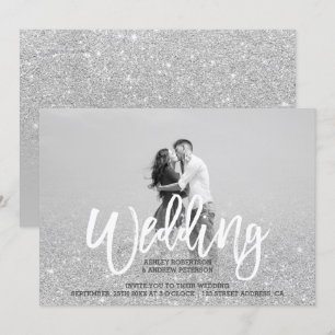 Invitación Boda de fotografía de moda gris purpurina de plata
