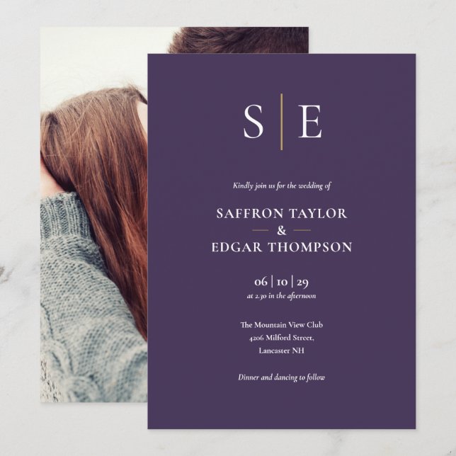Invitación Boda De Fotografía De Monograma Morado Y Oro (Anverso / Reverso)