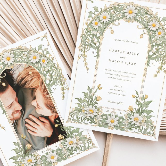 Invitación Boda de fotografía de Nouveau Daisies, Ivory Green (Subido por el creador)