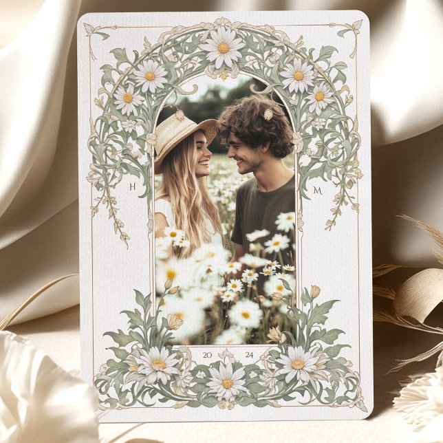 Invitación Boda de fotografía de Nouveau Daisies, Ivory Green (Subido por el creador)