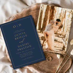 Invitación Boda de fotografía de oro azul de la Marina modern