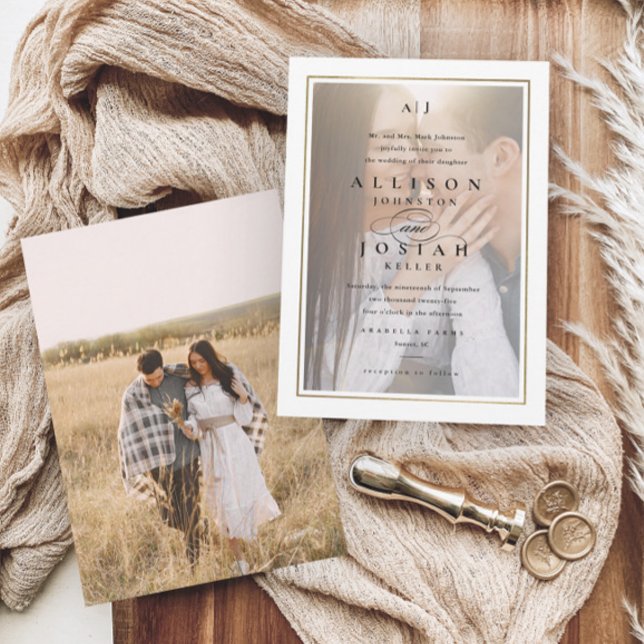 Invitación Boda de fotografía de oro clásico elegante (Elegant photo wedding monogram invitations.)