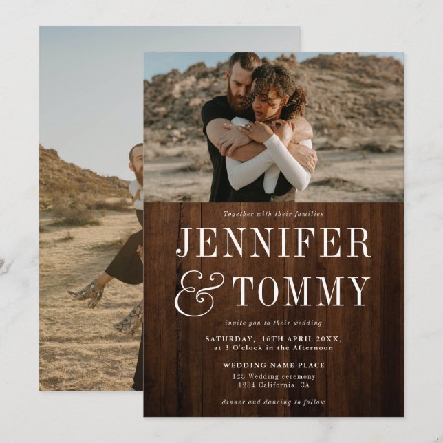 Invitación Boda de fotografía de otoño audaz de madera marrón (Anverso / Reverso)