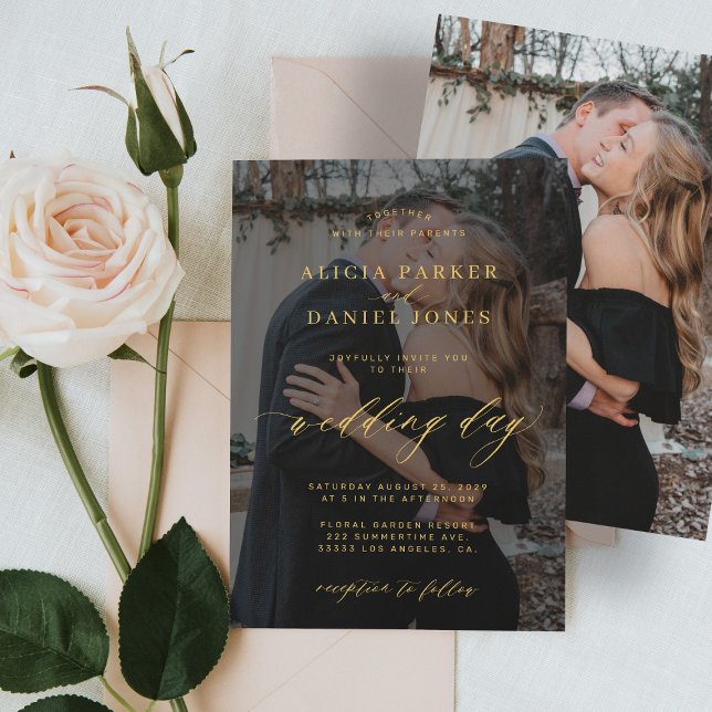 Invitación Boda de fotografía de overlay negro dorado moderno (Subido por el creador)