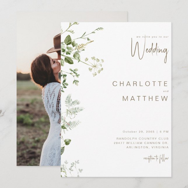 Invitación Boda de fotografía de pareja de vegetación simple (Anverso / Reverso)