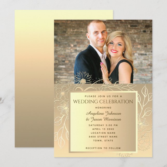 Invitación Boda de fotografía de Relieve metalizado dorado ro (Anverso / Reverso)