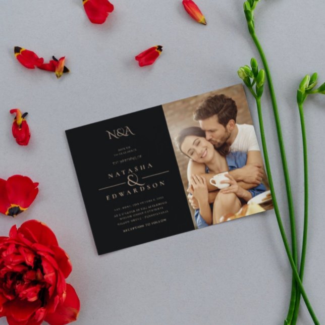 Invitación Boda de fotografía de resumen de oro y negro moder (Subido por el creador)