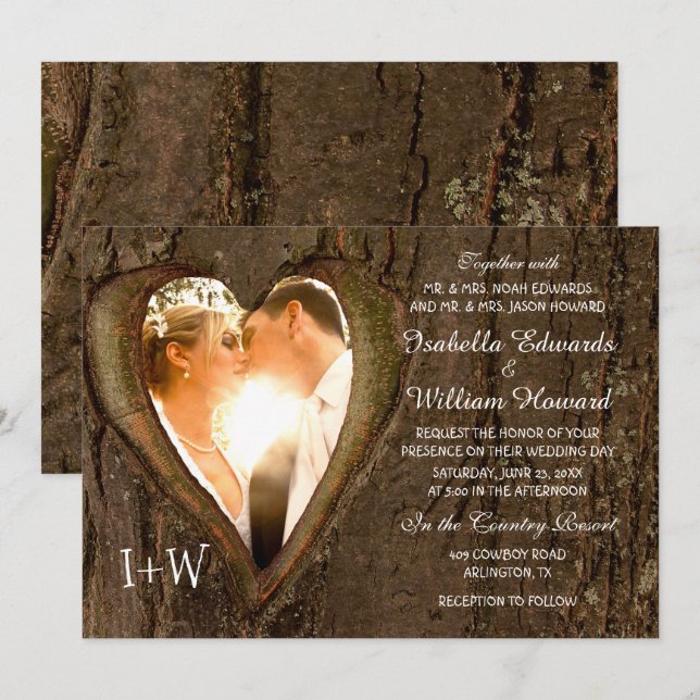 Invitación Boda de fotografía de Rustic Wood Heart (Anverso / Reverso)