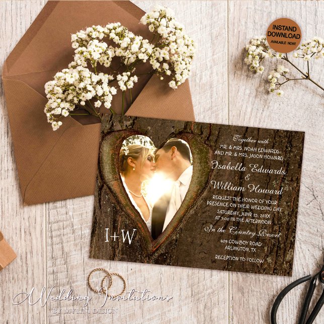 Invitación Boda de fotografía de Rustic Wood Heart (Subido por el creador)