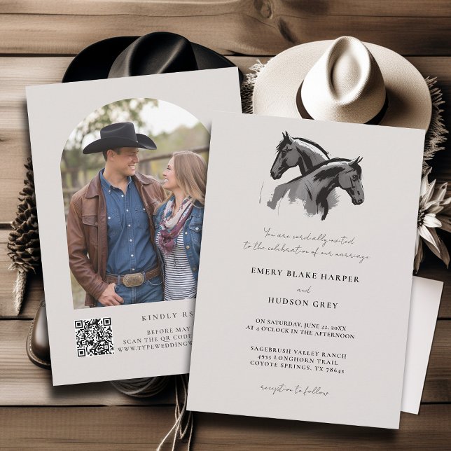 Invitación Boda de fotografía de Rústica Occidental (country wedding invitation western cowboy horses art sketch black white ecru rustic modern)