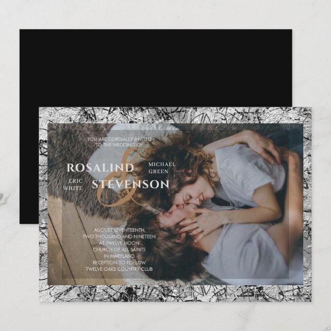 Invitación Boda de fotografía de textura ornamental en blanco (Anverso / Reverso)