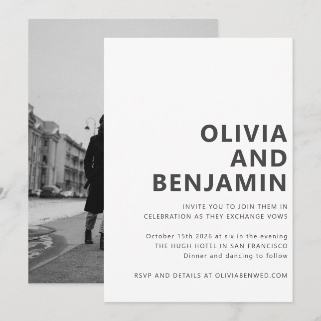 Invitación Boda de fotografía de tipografía negrita blanca mo (Anverso / Reverso)