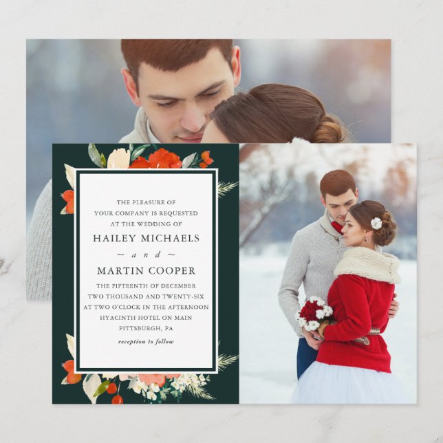Invitación Boda de fotografía elegante con flores rojas (Anverso / Reverso)