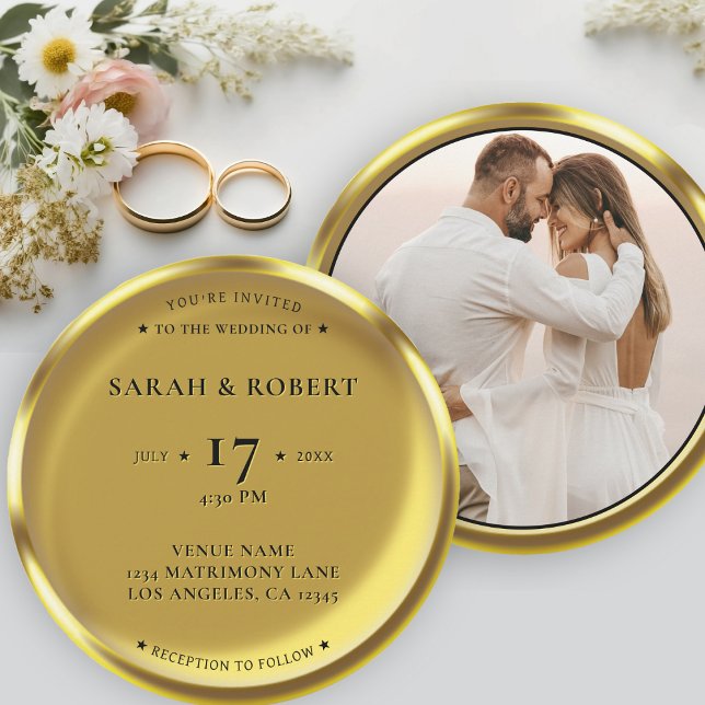 Invitación Boda de fotografía elegante de moneda de oro (Gold Coin Elegant Photo Round Wedding Invitation)