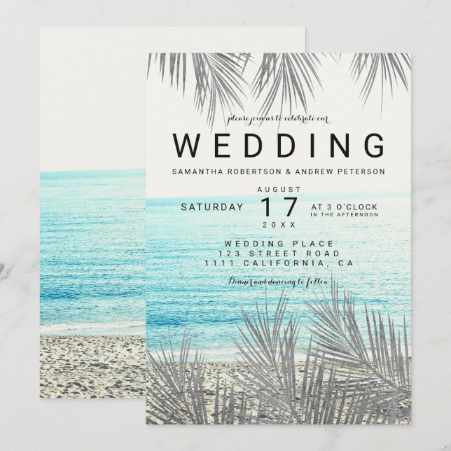 Invitación Boda de fotografía elegante de playa con palmeras  (Anverso / Reverso)