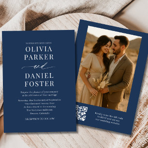 Invitación Boda de fotografía elegante del código QR azul mar
