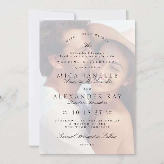 Invitación Boda de fotografía elegante y formal en blanco neg (Anverso)