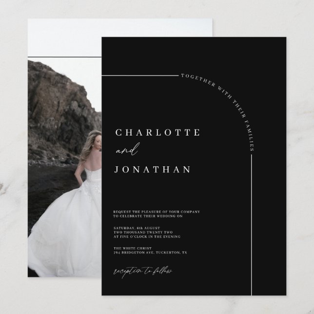 Invitación Boda de fotografía en arco moderno negro y blanco (Anverso / Reverso)