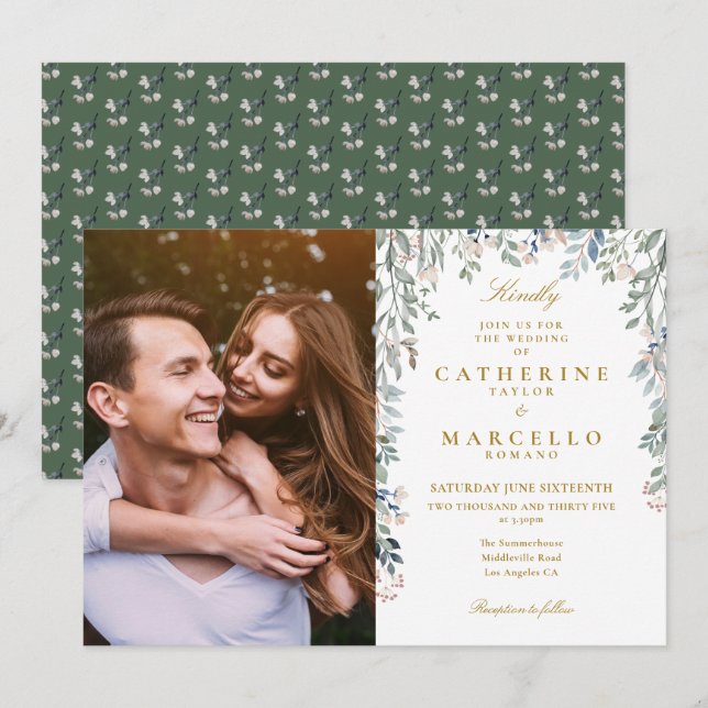 Invitación Boda de fotografía en cascada de flores silvestres (Anverso / Reverso)