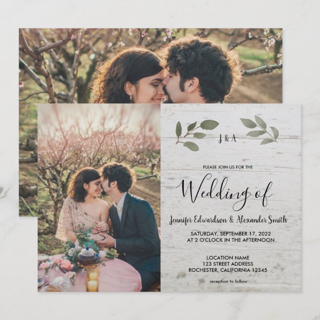 Invitación Boda de fotografía en monograma botánico de madera (Anverso / Reverso)