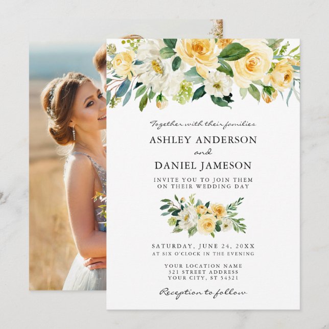 Invitación Boda de fotografía floral amarillo acuarela (Anverso / Reverso)