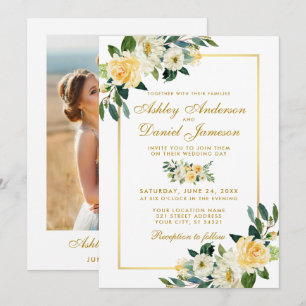 Invitación Boda de fotografía floral amarillo blanco dorado