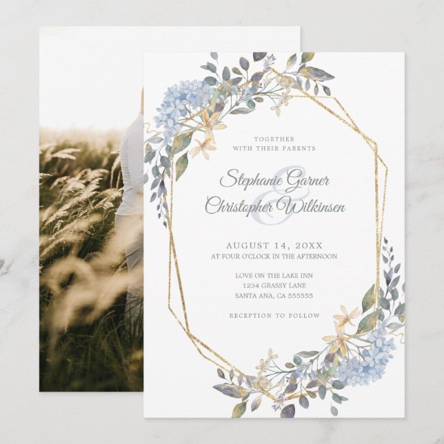Invitación Boda de fotografía floral azul con polvo geométric (Anverso / Reverso)