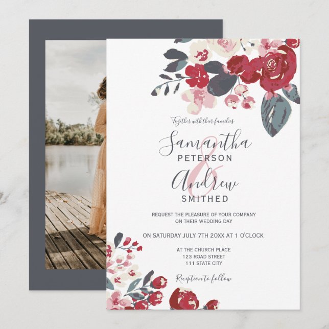 Invitación Boda de fotografía floral azul polvoriento rojo bu (Anverso / Reverso)