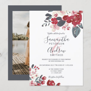 Invitación Boda de fotografía floral azul polvoriento rojo bu