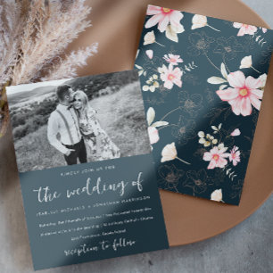 Invitación Boda de fotografía floral azul rosa brillante