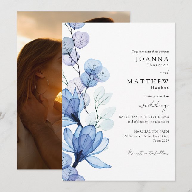 Invitación Boda de fotografía floral azul transparente y turb (Anverso / Reverso)