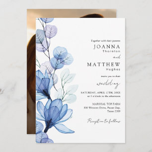 Invitación Boda de fotografía floral azul transparente y turb