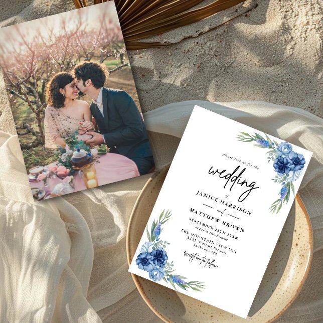 Invitación Boda de fotografía floral azul y agitado (Subido por el creador)