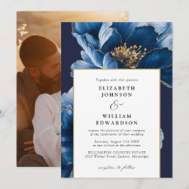 Invitación Boda de fotografía floral azul y dorada de la Mari