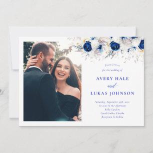 Invitación Boda de fotografía floral blanca y azul de Royal M
