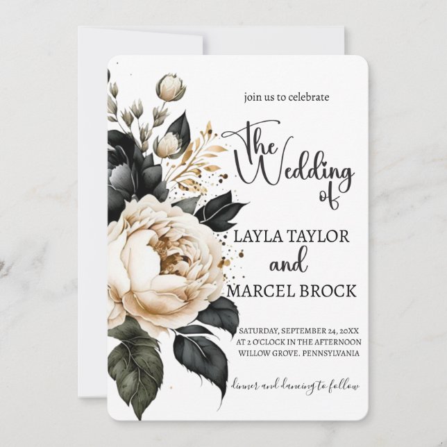 Invitación Boda de fotografía floral bohemiana en negro y oro (Anverso)