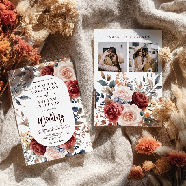 Invitación Boda de fotografía floral Boho, Naranja quemado en (Rustic Burnt Orange Boho Floral Photo Wedding Invitation)